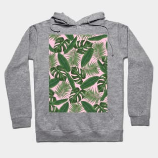 Tropical Green Leaves Pattern on Pink Hoodie